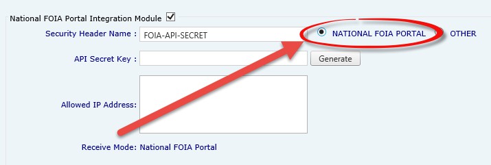 Integration module for National FOIA Portal with highlighted security header options.